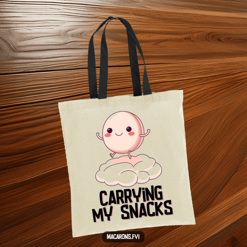 Funny macaron character happily bouncing on a cream cloud, displayed on a practical and humorous tote bag.