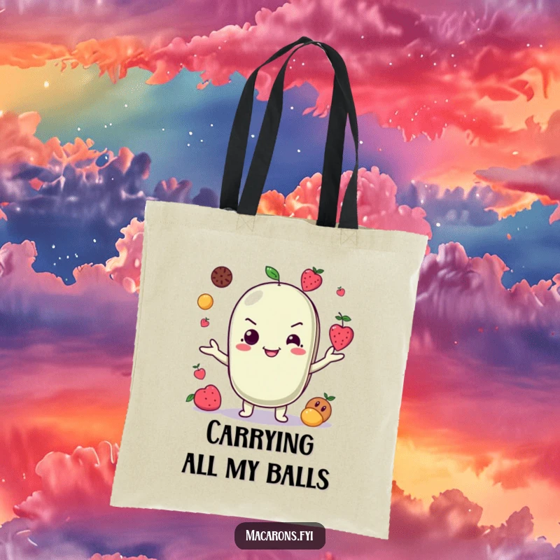 Funny Tote Bag: A grinning macaron character skillfully juggles small fruits, adding a touch of playful fun to your carrying needs.