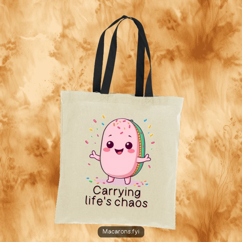 Funny Macaron Tote Bag: Cute Kawaii macaron character with a wide grin juggling a colorful explosion of sprinkles, stylish and fun.