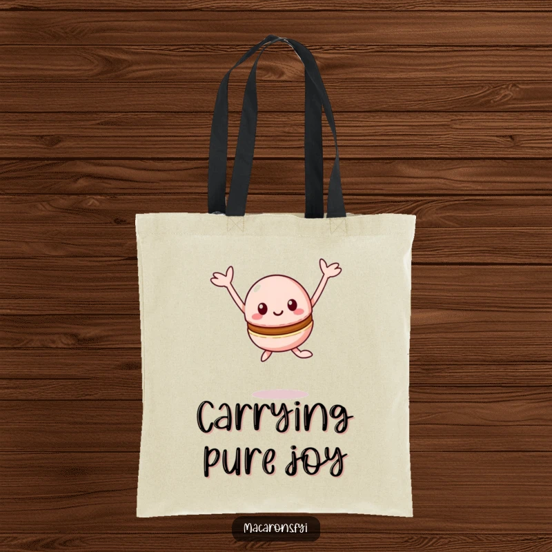 Funny Macaron Tote Bag: Joyful Kawaii macaron character leaping with arms outstretched happily, perfect for carrying essentials.
