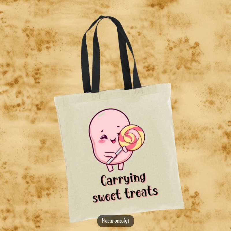 Funny Kawaii macaron character winking with a massive lollipop, a humorous and functional tote bag.