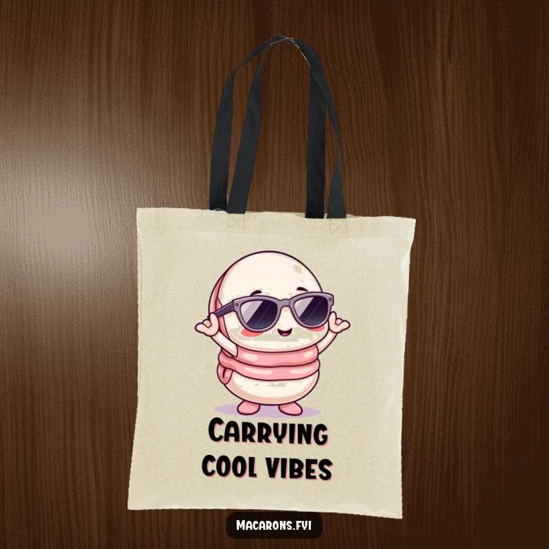Funny Kawaii macaron character with sunglasses striking a pose, a cool and humorous tote bag.