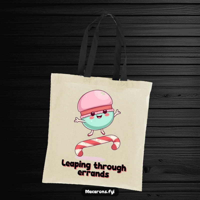 Funny Tote Bag with a macaron character leaping over a candy cane, perfect for carrying daily items with a sweet, adventurous touch.