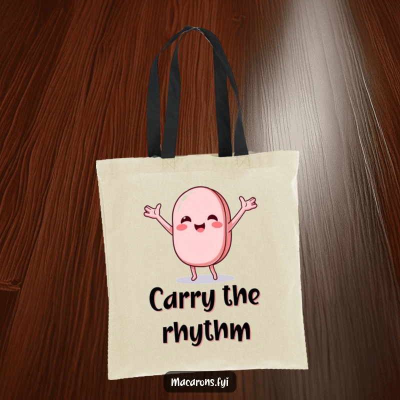 Funny macaron character doing a joyful, wobbly dance with arms outstretched, on a practical and fun tote bag.
