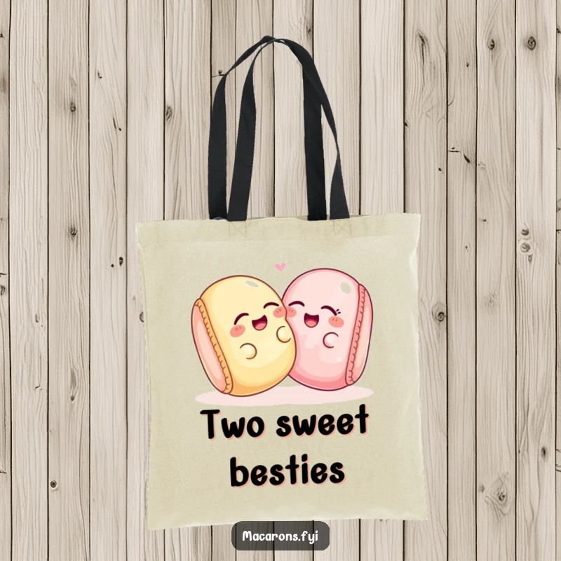 Two funny macaron characters in a playful embrace, giggling together, designed for a humorous tote bag.