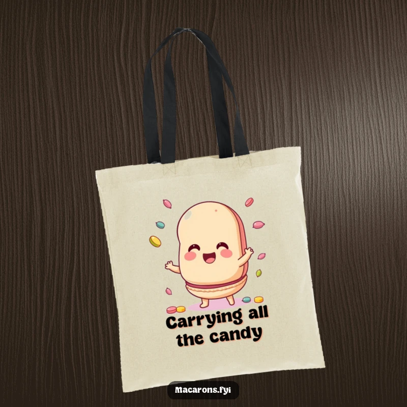 Funny Tote Bag showcasing a macaron character juggling colorful candies, perfect for carrying groceries or daily items with a sweet touch.