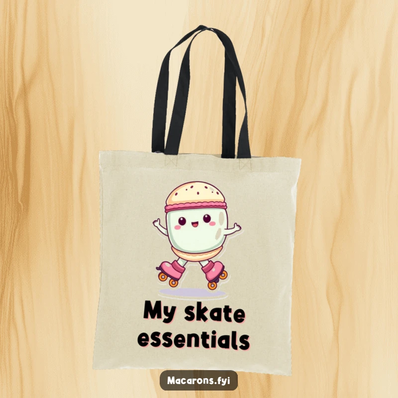 Funny macaron character wearing roller skates, spinning happily, tote bag, superb funny gift.