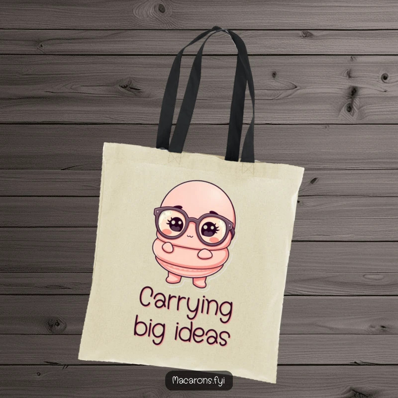 Funny macaron tote bag with a thoughtful macaron character in oversized glasses, great for carrying books.
