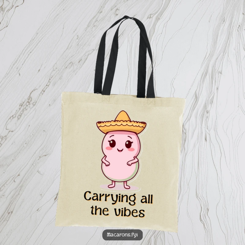 Funny Macaron Tote Bag with a macaron wearing a sombrero, posing confidently, a durable and humorous accessory for shopping or everyday use.