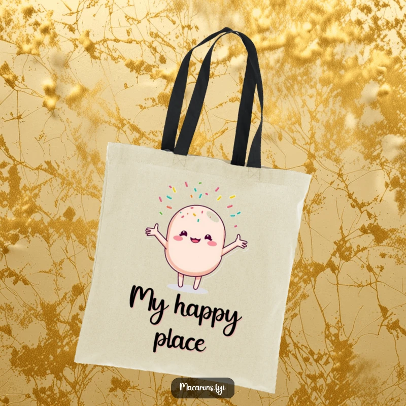 Funny macaron character gleefully receiving a vibrant shower of colorful sprinkles, featured on a durable and stylish tote bag.