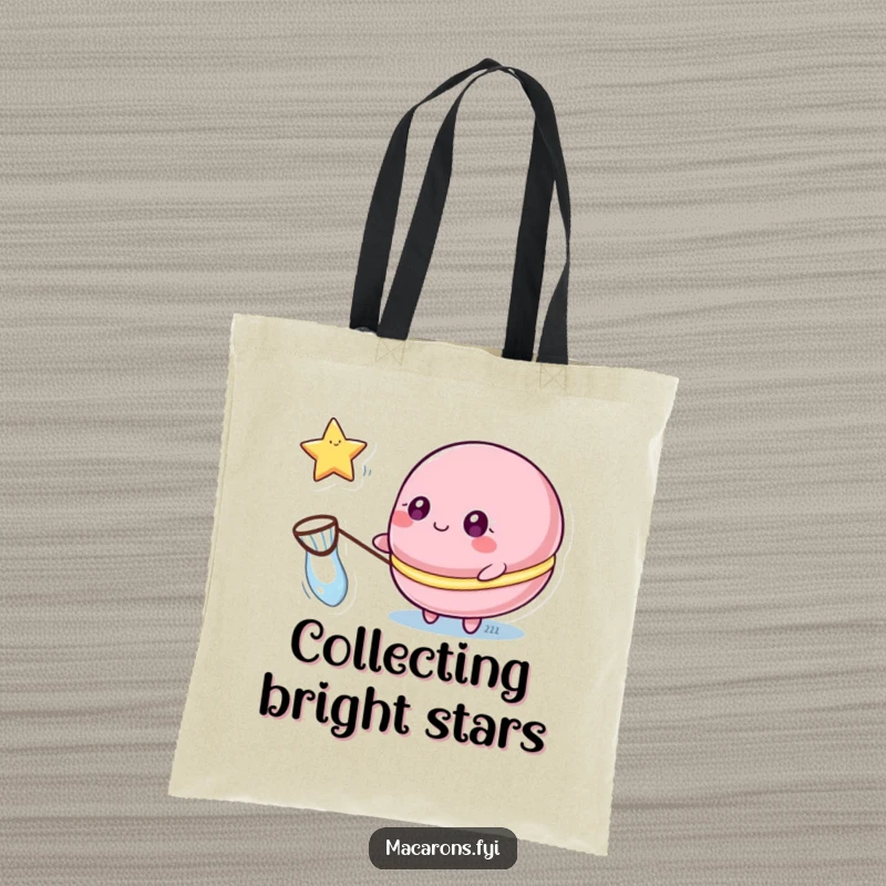 Funny macaron tote bag featuring a macaron character with sparkling eyes catching a floating star with a small net, for carrying dreams.