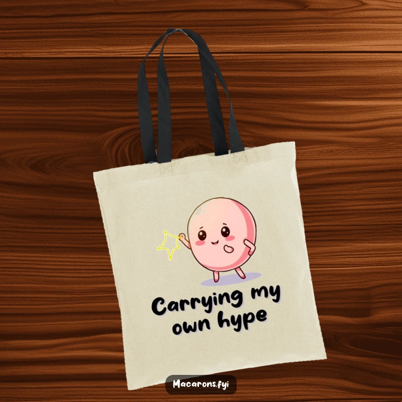 Funny macaron tote bag with a dramatic macaron character under a spotlight, great for carrying essentials.