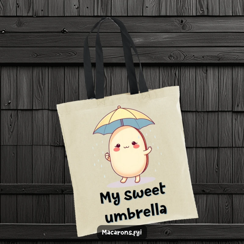 Funny macaron character holding a tiny umbrella, dancing in a sugar shower, on a practical and whimsical tote bag.