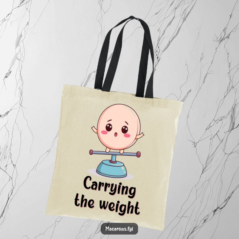 Funny macaron character, surprised expression, balancing on a teeter-totter, tote bag, superb funny gift.