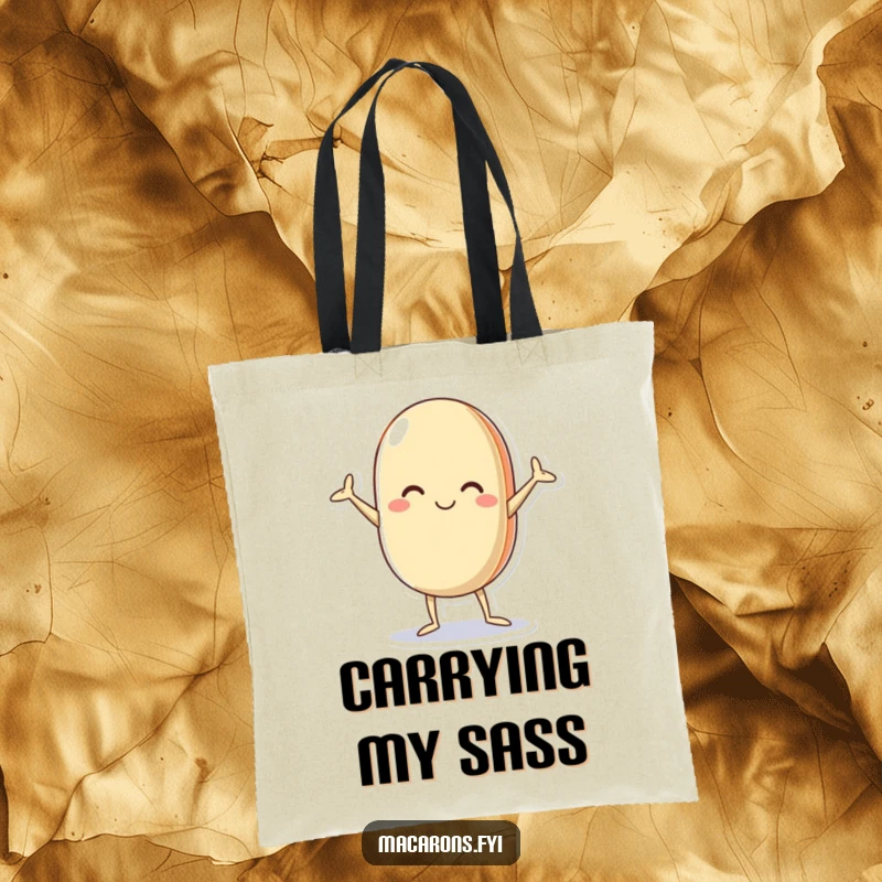 Funny macaron tote bag with a playful character striking a silly, akimbo pose, perfect for carrying essentials with a touch of humor.