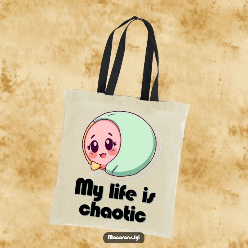 Funny macaron character tumbling with surprised delight, on a tote bag for cheerful and surprising errands.