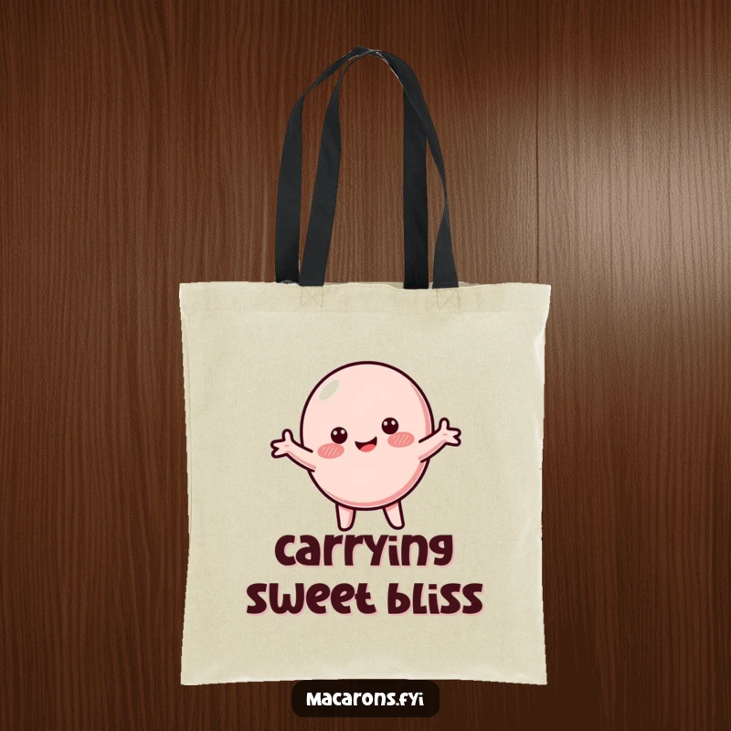 Funny macaron tote bag featuring a blushing macaron character spinning happily with arms wide, perfect for cheerful outings.