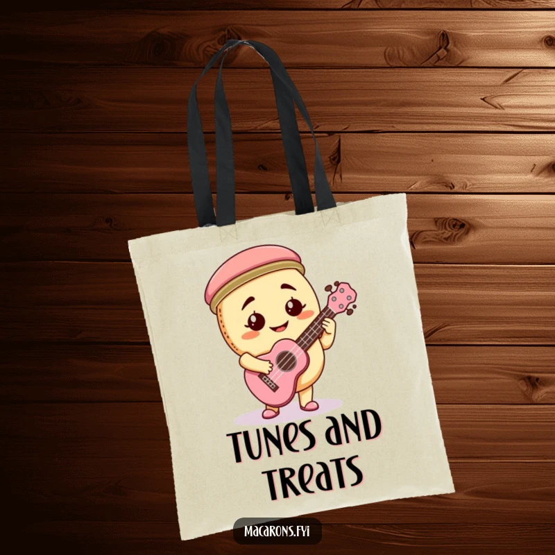 Funny macaron character enthusiastically playing a tiny ukulele, with a goofy smile, on a durable tote bag.