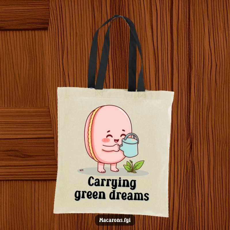Funny Macaron Tote Bag showing a cheerful macaron enthusiastically watering a small sprout.