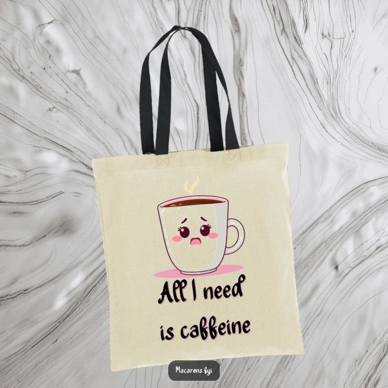 Funny Tote Bag: A macaron character peeks with surprise from behind an oversized coffee cup, carrying your items discreetly.
