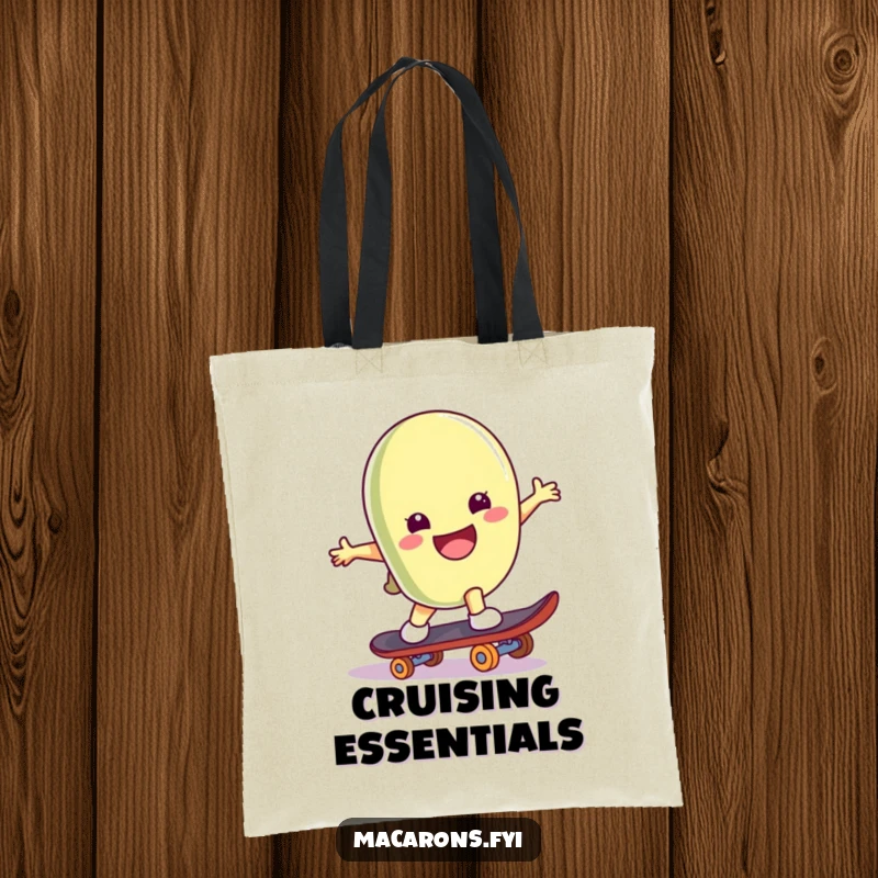 Funny macaron character on a skateboard, executing a playful trick, depicted on a durable tote bag.