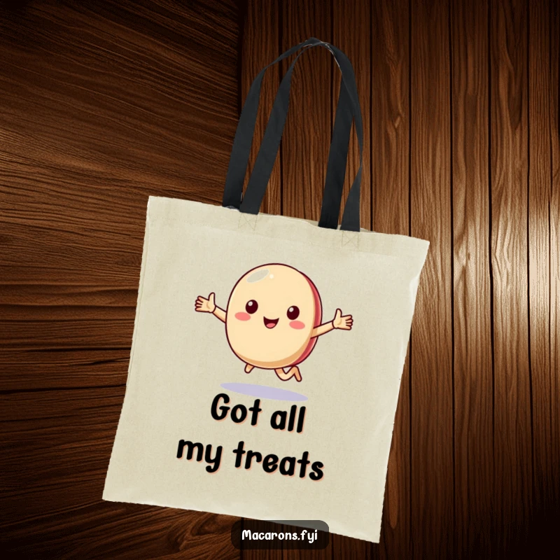 Funny macaron character running happily with arms outstretched, designed for a humorous and stylish tote bag.