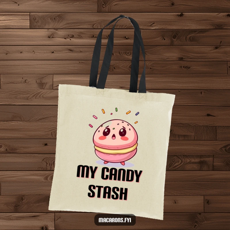 Funny macaron tote bag featuring a shocked macaron looking at falling sprinkles, a practical and humorous accessory.