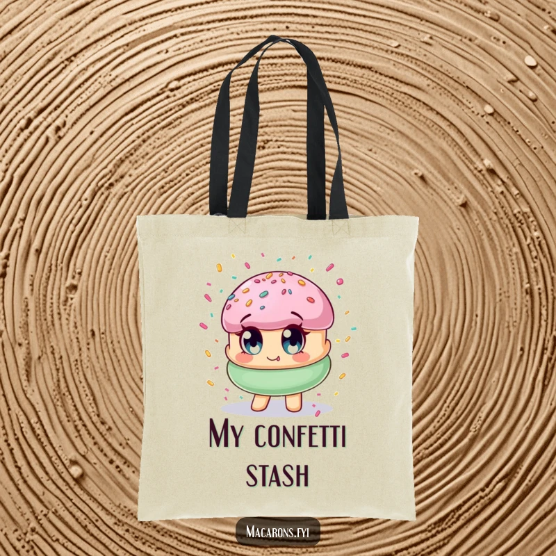 Funny macaron character with wide eyes, showered in vibrant confetti, on a practical and amusing tote bag.