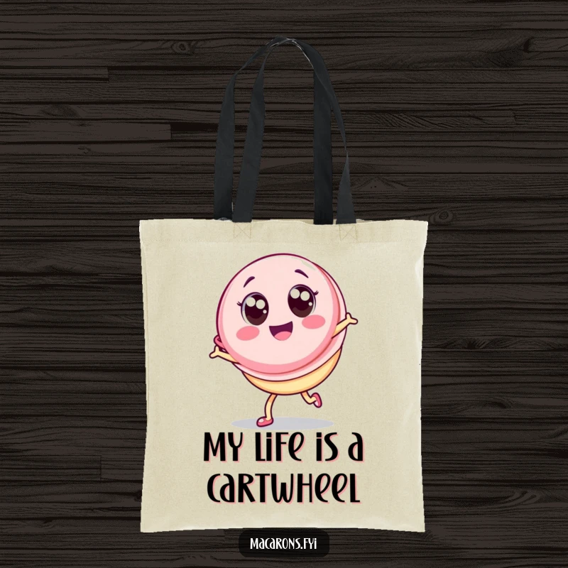 Funny Macaron Tote Bag: Charming Kawaii macaron character with big eyes executing a joyful cartwheel, perfect for stylish, happy carrying.