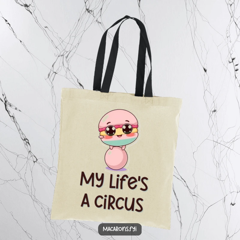 Funny macaron character in a funny balancing pose on a small ball, showcased on a practical and humorous tote bag.