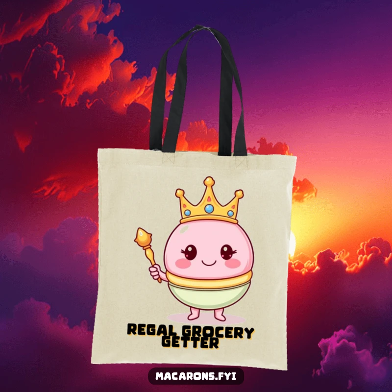 Funny macaron character wearing a crown and holding a scepter on a tote bag, showcasing royal, humorous style.