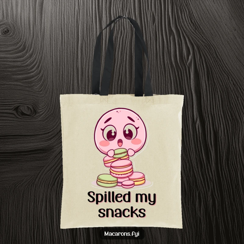 Funny surprised macaron character, wide-eyed, dropping macarons, depicted on a durable and humorous tote bag.