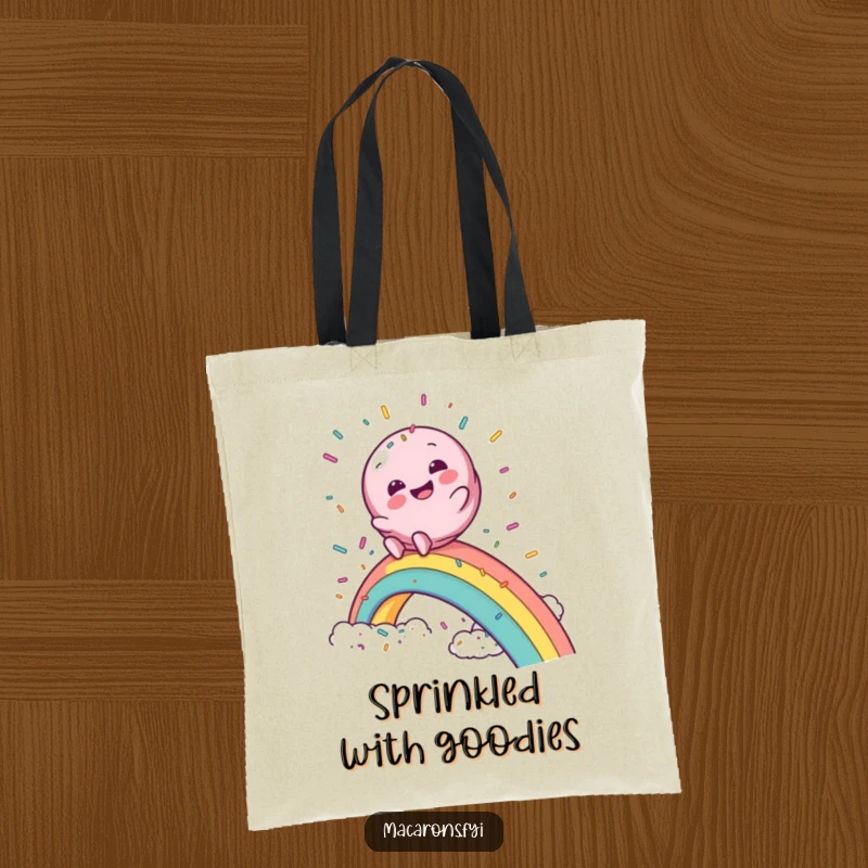Funny macaron tote bag featuring a macaron character gleefully sliding down a rainbow into a cloud of sprinkles, for magical journeys.