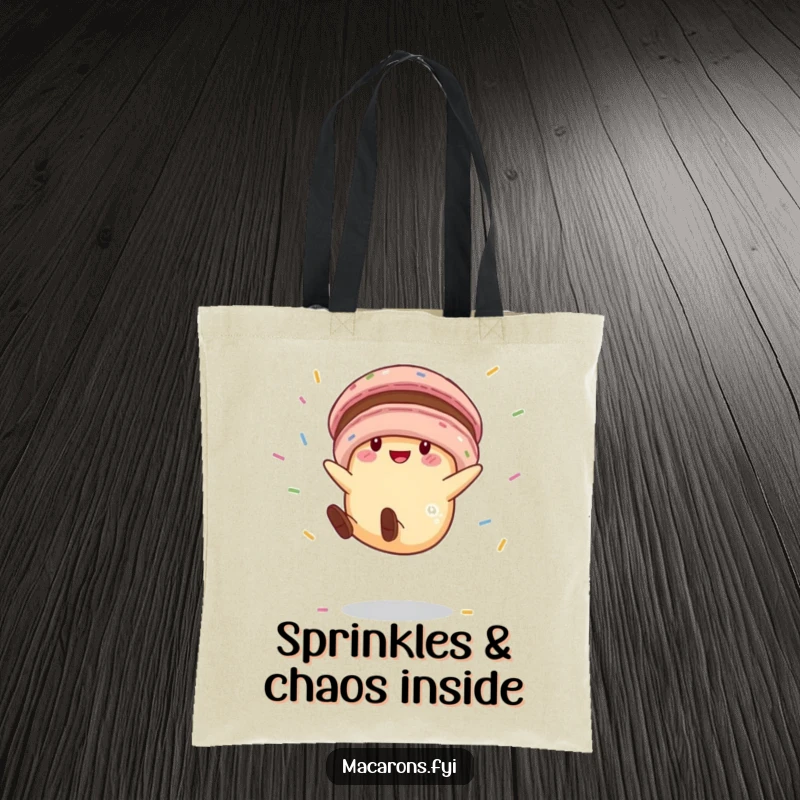 Funny macaron character doing a sweet cartwheel, scattering colorful sprinkles, beautifully depicted on a durable and funny tote bag.