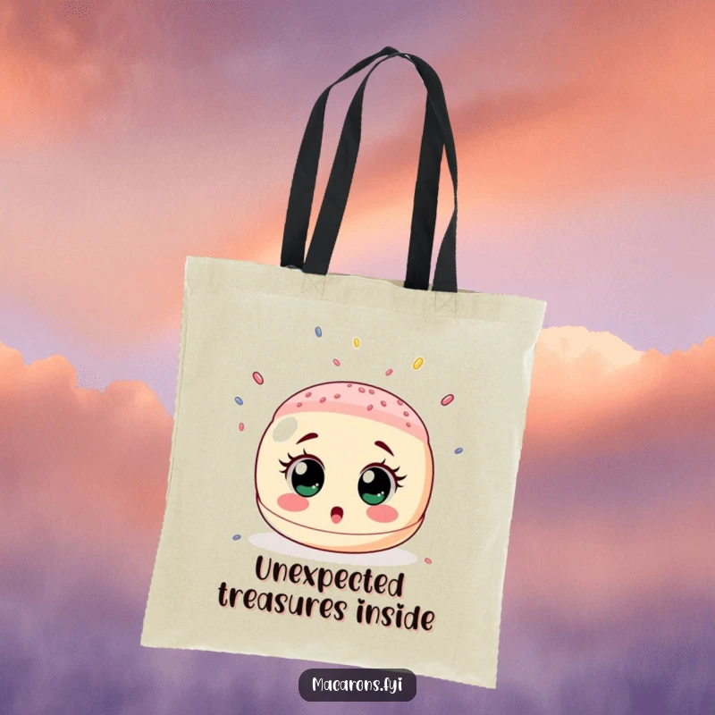 Funny tote bag illustrating a wide-eyed macaron looking up in sheer surprise as a delightful downpour of tiny sprinkles descends.